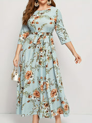 Floral Print Maxi Dress with Belt for Plus Size Women