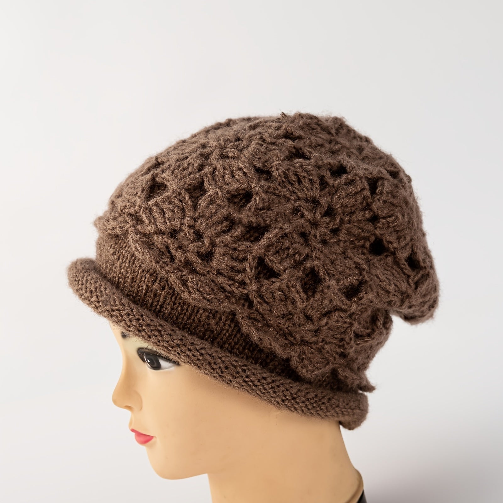 Women's Crochet Beanie Hat Warm Pullover Hat Soft Flower Double Layer Knitted