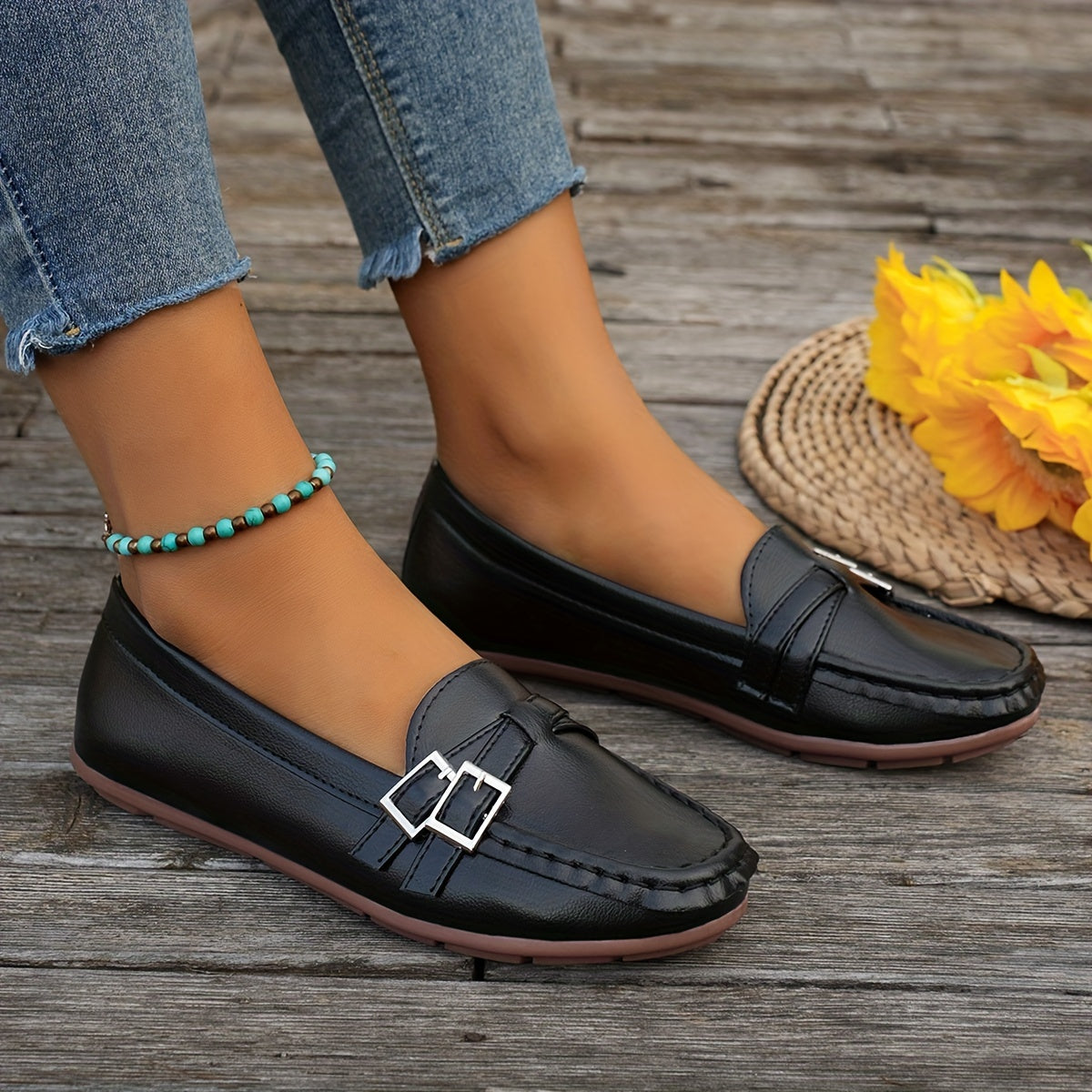 Women's Cross Buckle Strap Loafers Flat Shoes