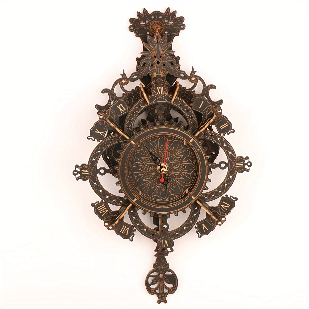 3D Vintage Wooden Wall Clock Puzzle Kit DIY Mechanic Yellow Light Brown