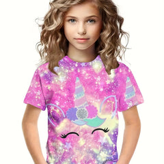 Girls Tie Dye Unicorn Short Sleeve T-shirt Summer Sports