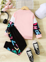 Girls Contrast Long Sleeve Sweatshirt & Sweatpants Set Winter Clothes