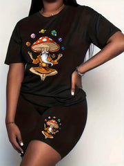 Women's Plus Mushroom Buddha Print Crew Neck Top & Shorts Set