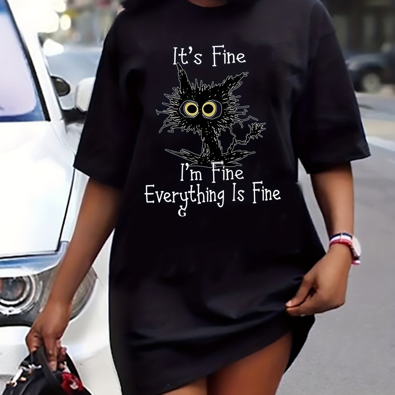 Cat & Letter Print Tee Dress