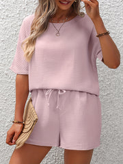 Waffle Knit Top & Drawstring Shorts 2PC Set