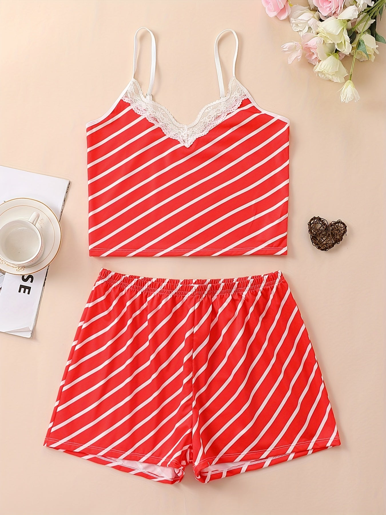 Striped Print Pajama Set V Neck Cami Top & Shorts Women's Sleepwear