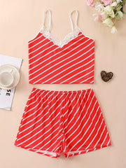 Striped Print Pajama Set V Neck Cami Top & Shorts Women's Sleepwear