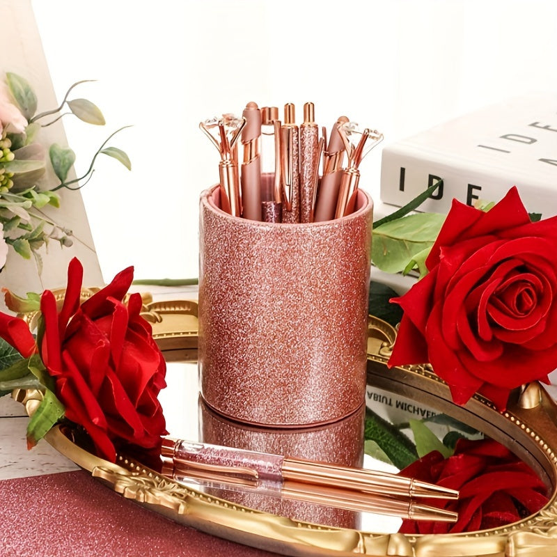 Metal Crystal Pen Set with Pen Holder, Glitter Fancy Ink Desktop Storage Box