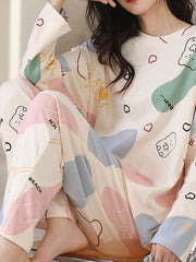 Bear Print Pajama Set Long Sleeve Crew Neck Top & Pants