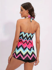Modest Tankini Set - Colorblock Stripe Print Halter Top & Shorts Swims