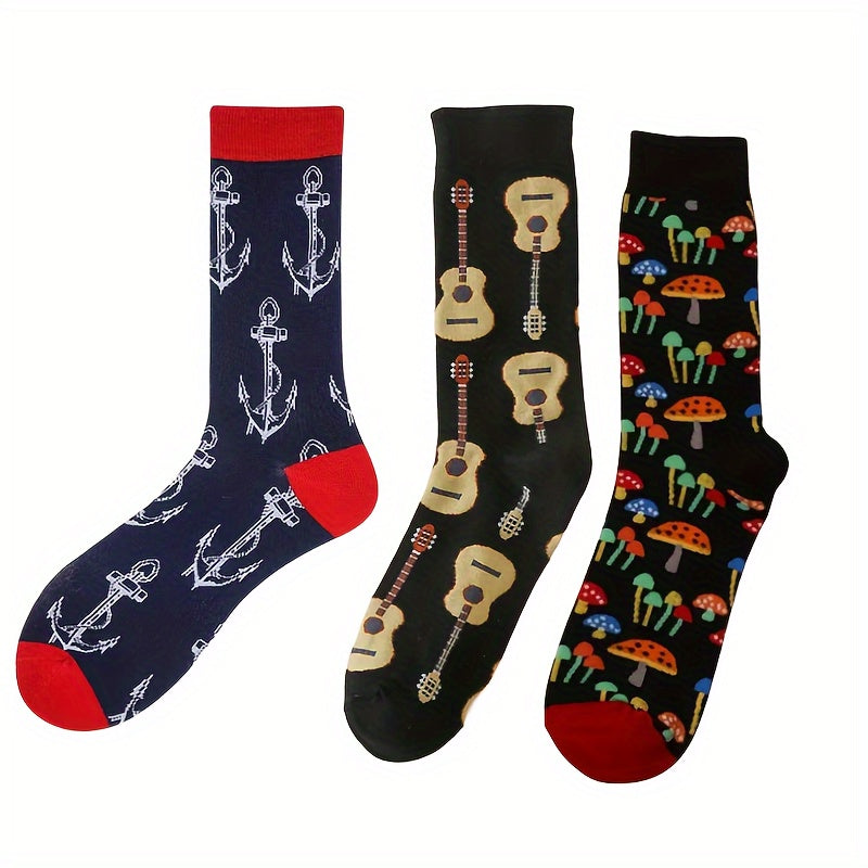 Men's Cartoon Pattern Crew Socks Breathable Cotton Blend Casual Unisex Socks