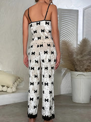 Bow Print Velvet Pajama Set Lace Trim Cami Top & Elastic Waistband Pants