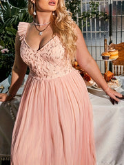 Golden Leaf Print V Neck Ruffle Trim Mesh Overlay Plus Size Bridesmaid Dress