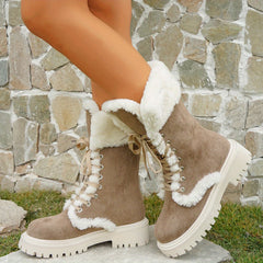 Women's Brown Chunky Heel Boots Lace-Up Plush Outdoor Boots