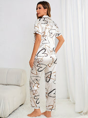 Heart Print Pajama Set Short Sleeve Buttons Top & Elastic Waistband Pants