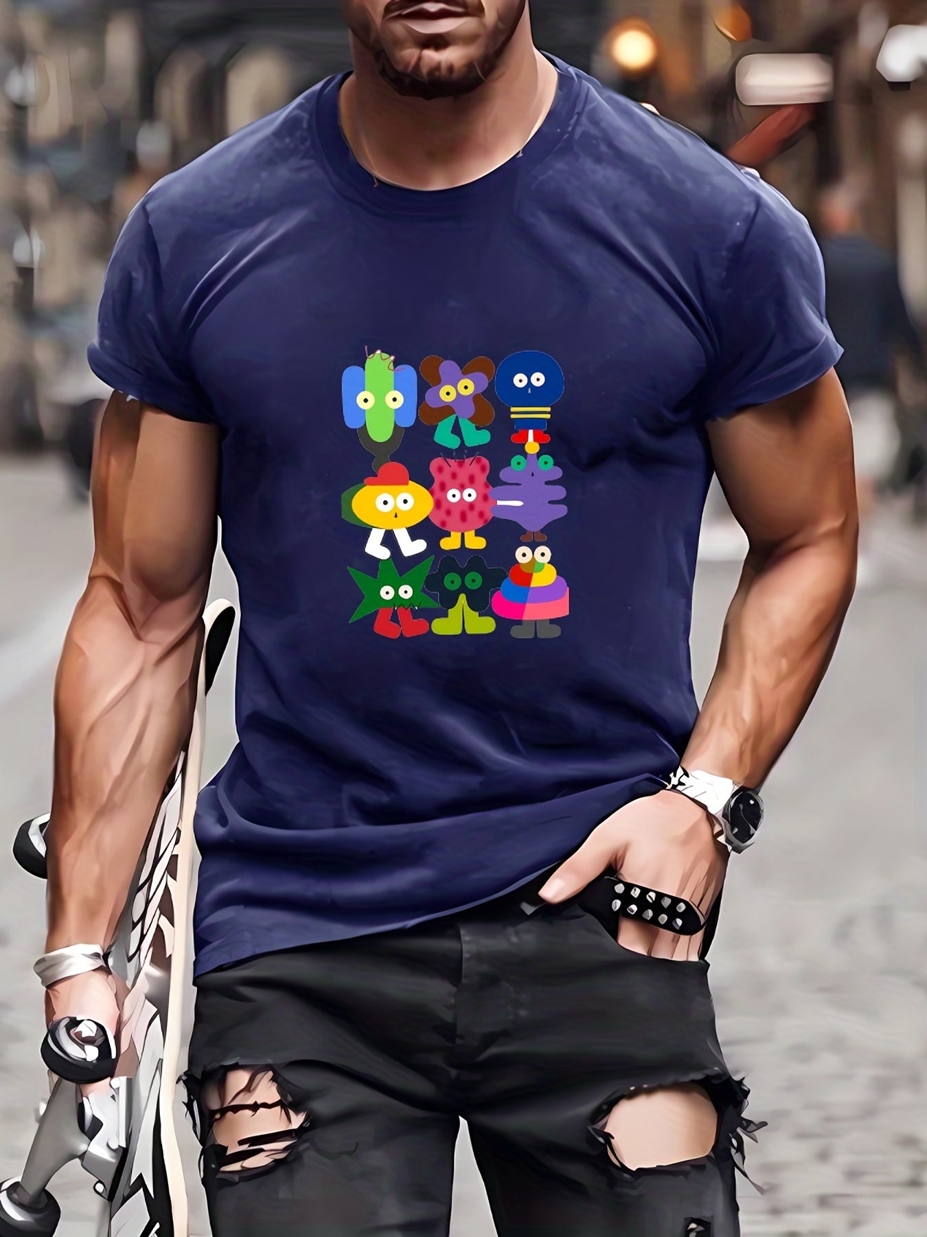 Men's Cartoon Doodles Pattern T shirt Active Slightly Stretch Tee