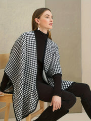 Houndstooth Print Batwing Sleeve Open Front Cape Coat
