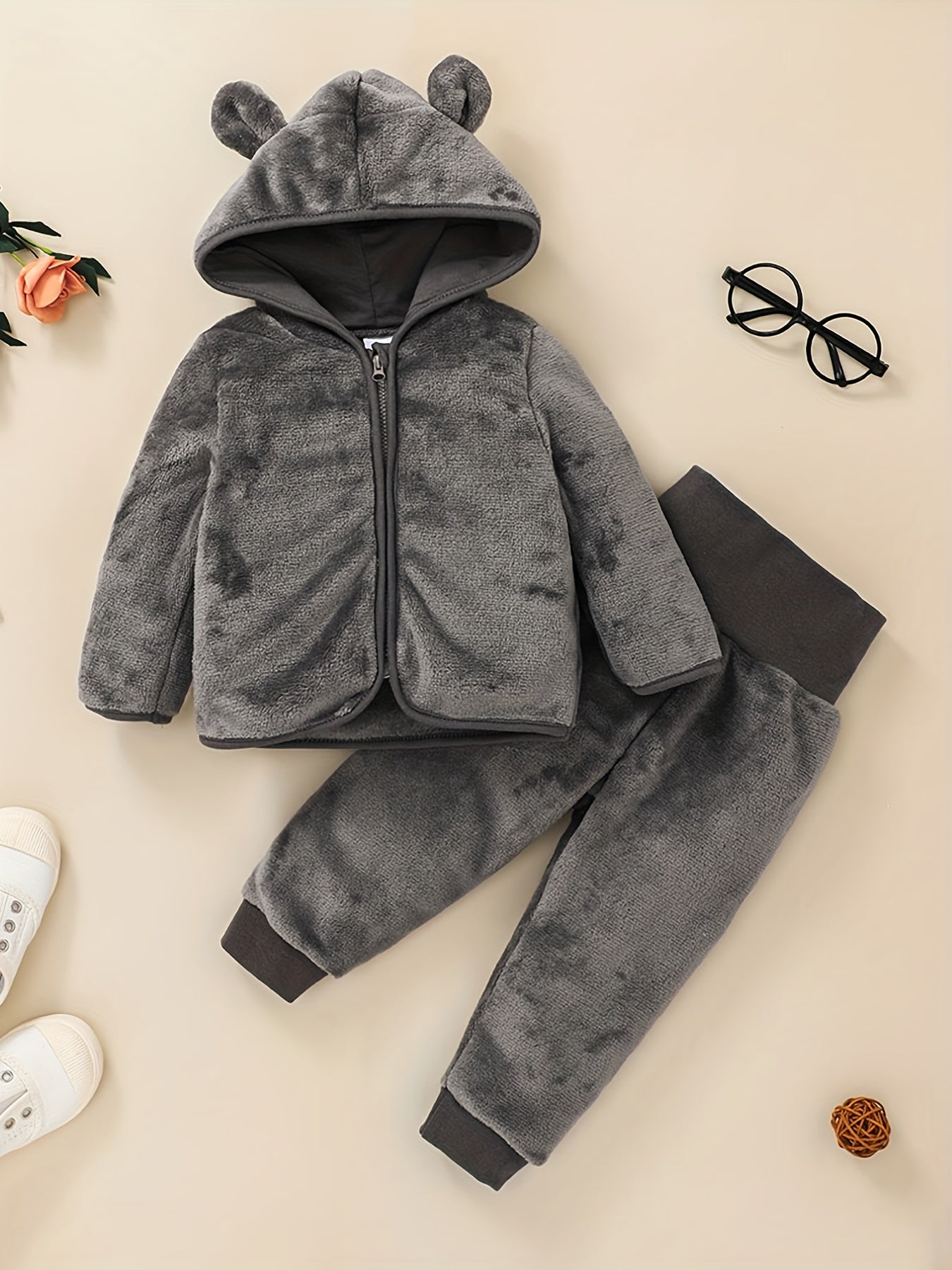 Baby Girls Solid Thermal Outfit Zip Up Hooded Coat Trousers Set