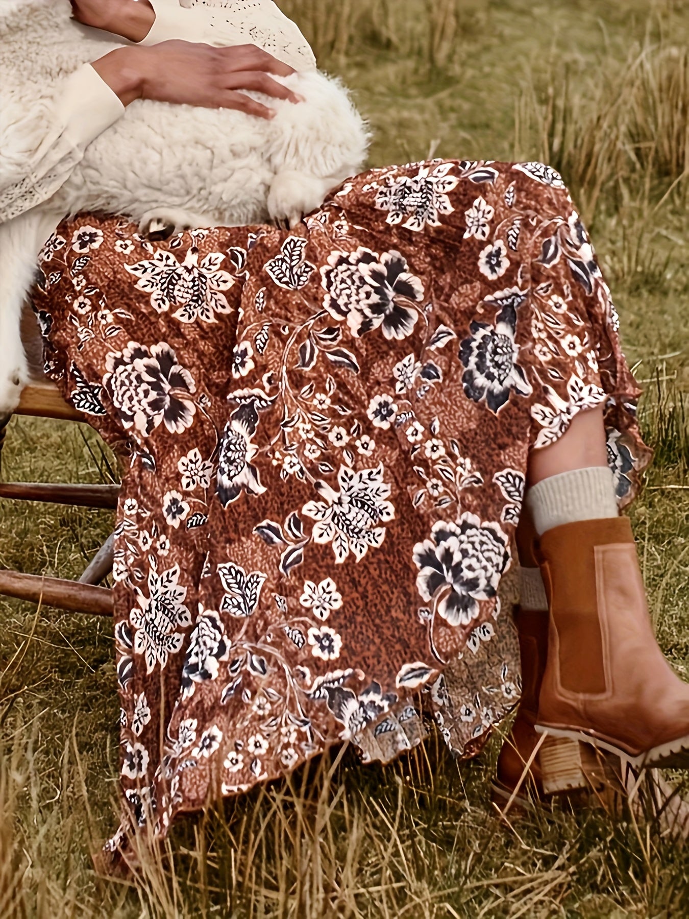 Allover Floral Print High Rise Midi A line Skirt