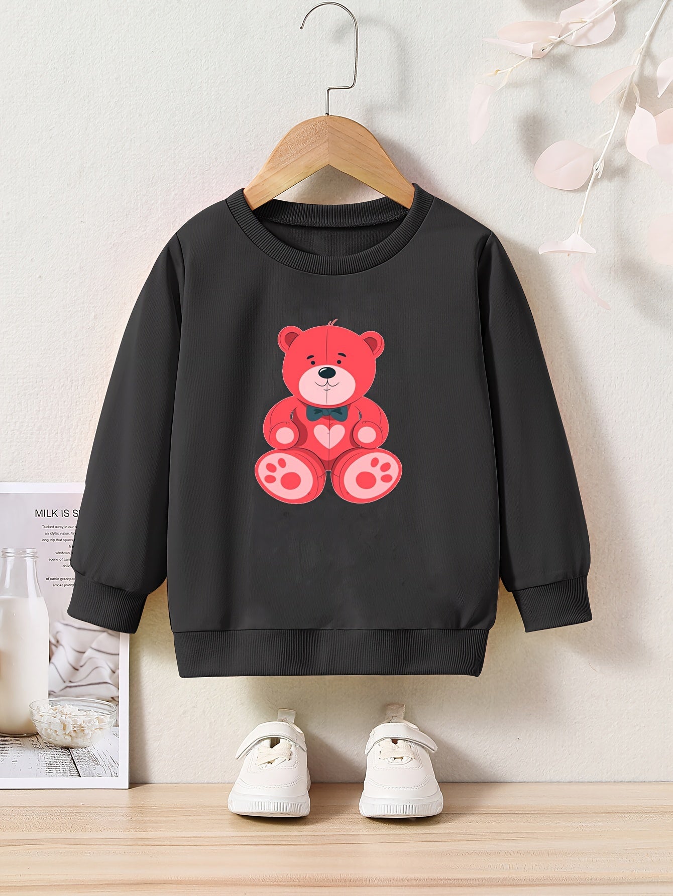 Bear Print Girls Casual Pullover Sweatshirt Long Sleeve Crew Neck Tops