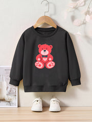 Bear Print Girls Casual Pullover Sweatshirt Long Sleeve Crew Neck Tops