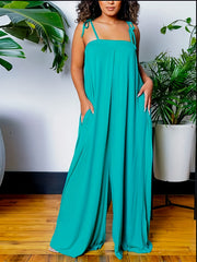 Solid Tie Shoulder Wide Leg Jumpsuit