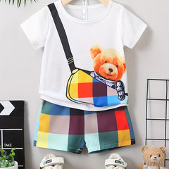 Boys Teen Bear Graphic Print T shirt & Plaid Shorts Set For Summer