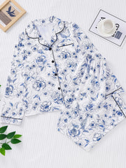 Heart Print Pajama Set Long Sleeve Buttons Top & Elastic Waistband Pants Women's
