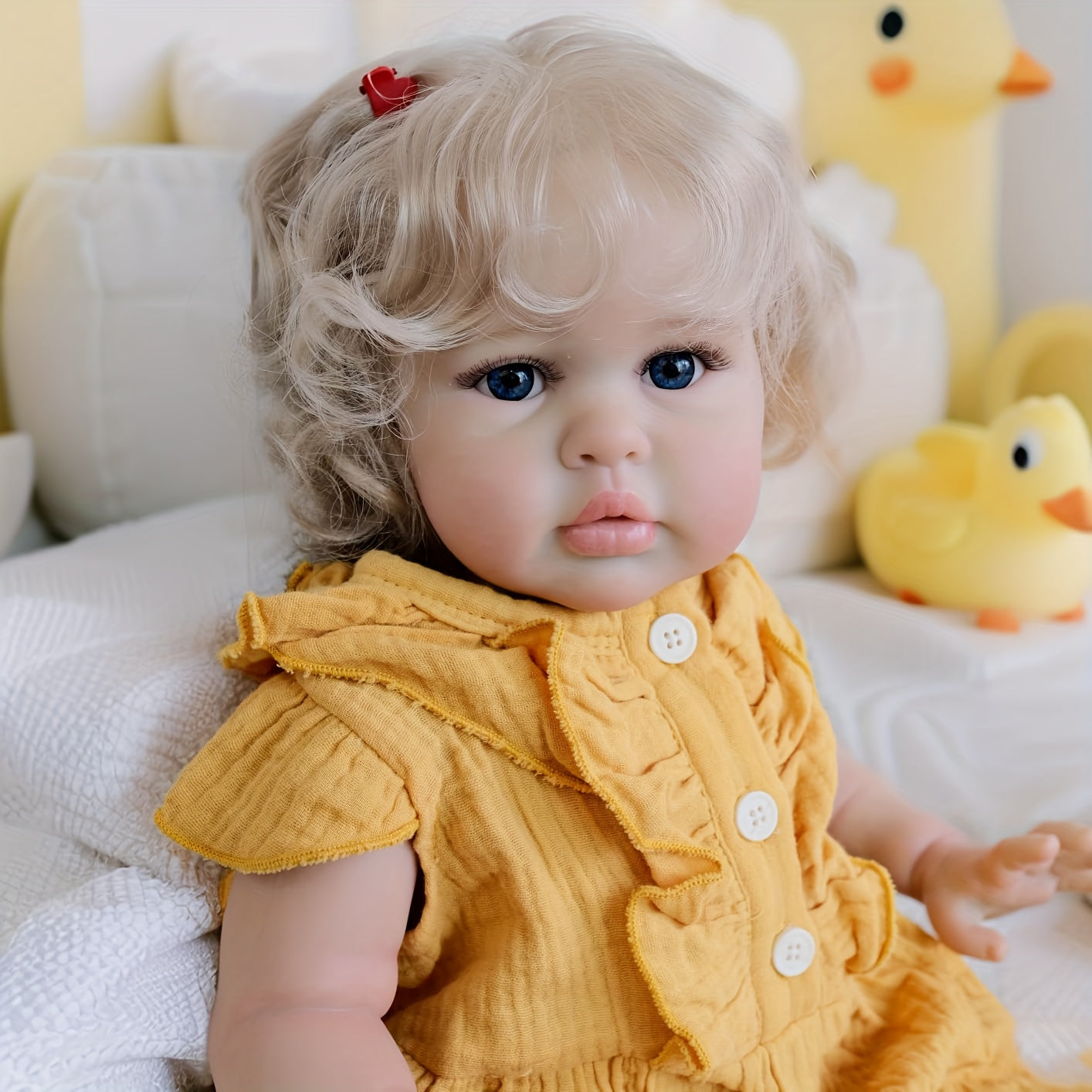 Realistic Reborn Doll Soft Touch Cuddly Girl with Curly Blonde Hair Yellow Dress