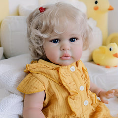 Realistic Reborn Doll Soft Touch Cuddly Girl with Curly Blonde Hair Yellow Dress