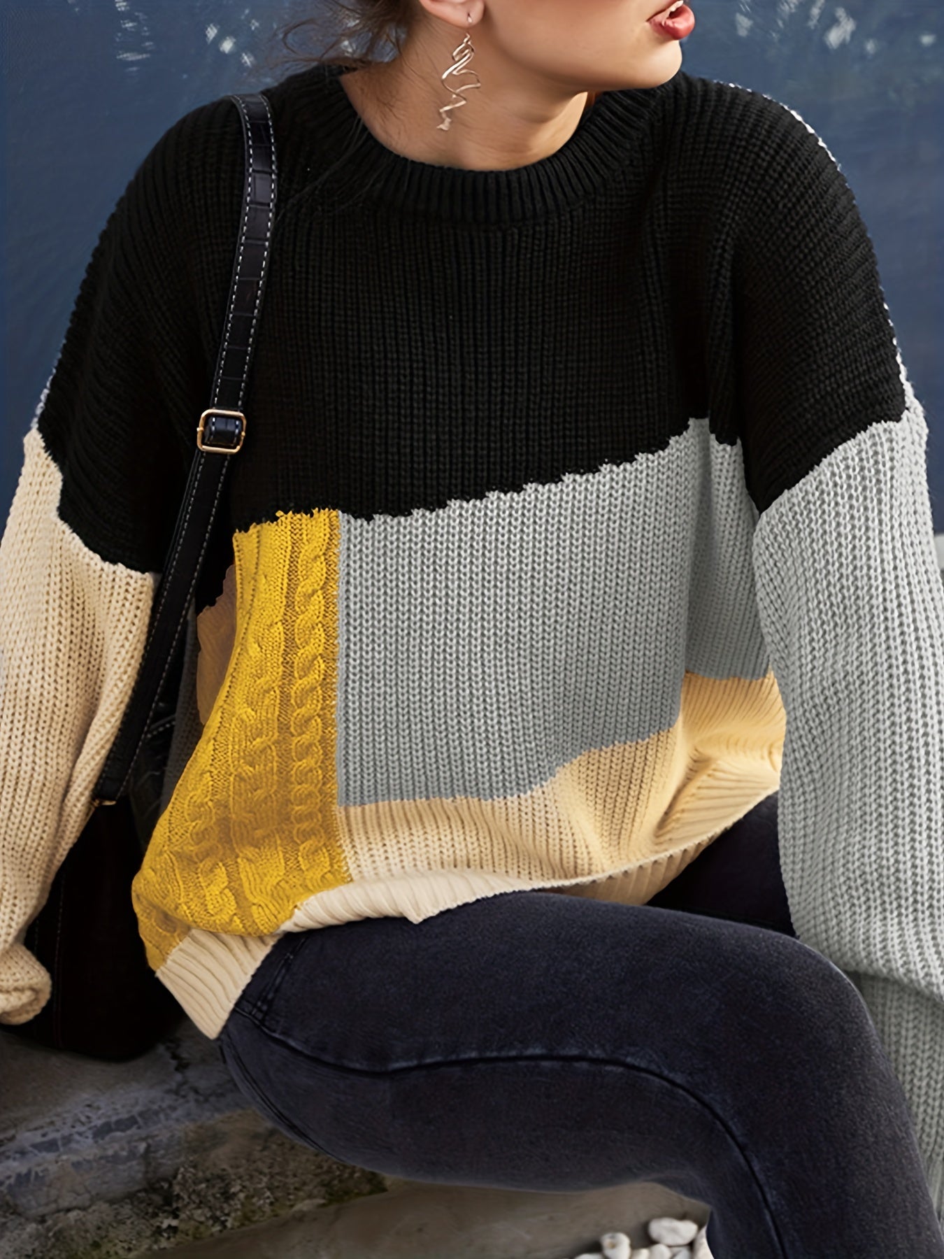Colorblock Cable Crew Neck Sweater