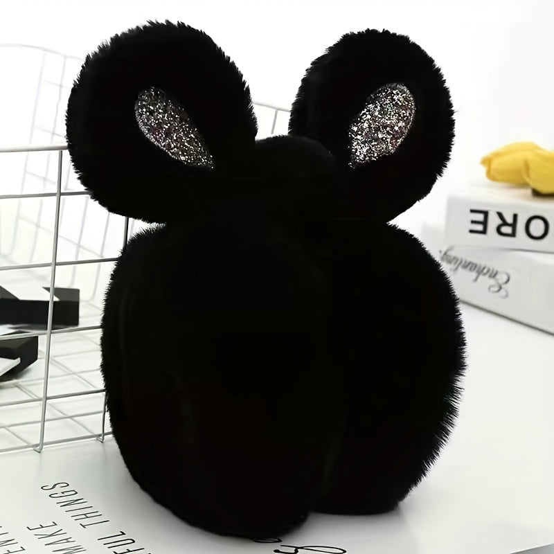Plush Rabbit Ear Warmers Glitter Accents Cozy Winter Earmuffs for Women