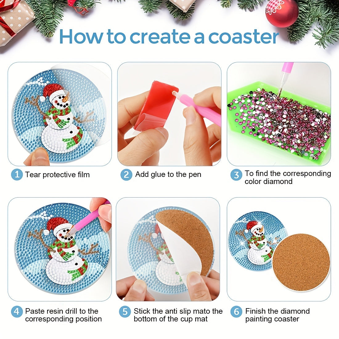 8pcs Snowman Diamond Painting Coaster Kits With Holder DIY Diamond Art