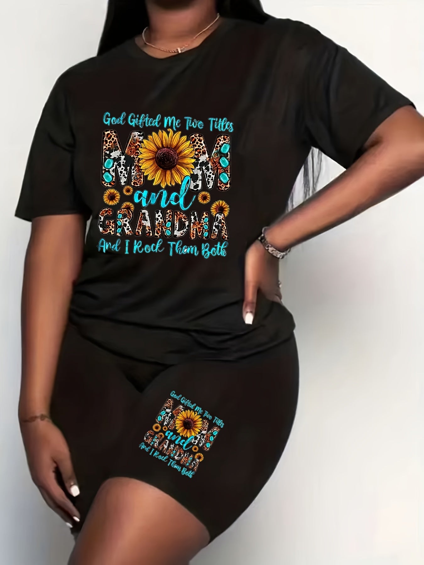Women's Plus Sunflower & Slogan Print Top & Shorts Set