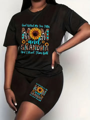 Women's Plus Sunflower & Slogan Print Top & Shorts Set