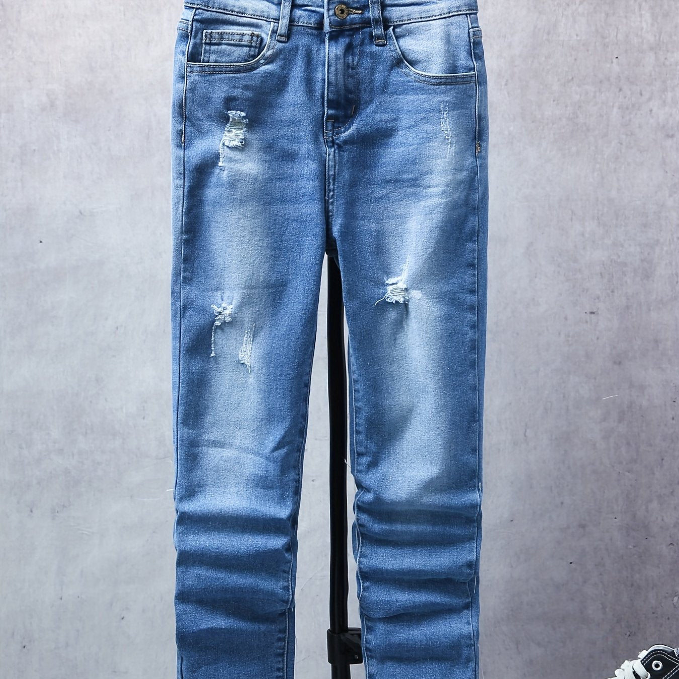 Boys Casual Rip Jeans Straight Leg Stretch Slim Fit Denim Pants