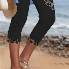 Floral Print Leggings Skinny Eyelet Leggings