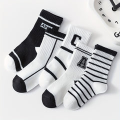5 Pairs Striped Knit Crew Socks Cotton Boys Girls Accessories