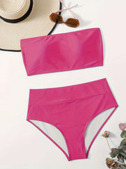 Women's Plus Bandeau Bra & High Waisted Panty Swimsuit Set
