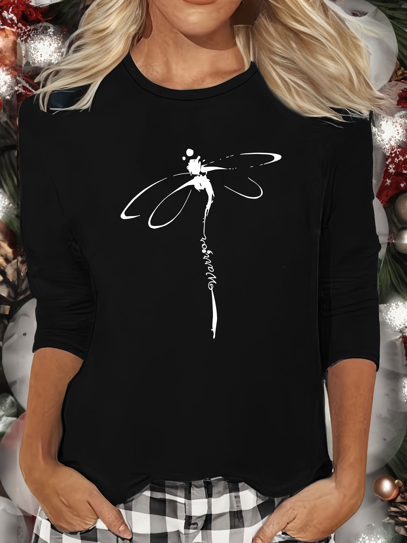 Dragonfly Print Lounge Top Long Sleeve Crew Neck Women's Loungewear