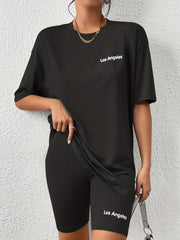Letter Print Matching Two piece Set Casual Short Sleeve T shirt & Biker Shorts