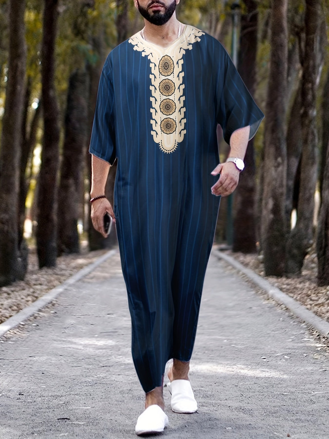 Islamic Arabic Kaftan Men Long Sleeve Muslim Clothes Vintage Casual