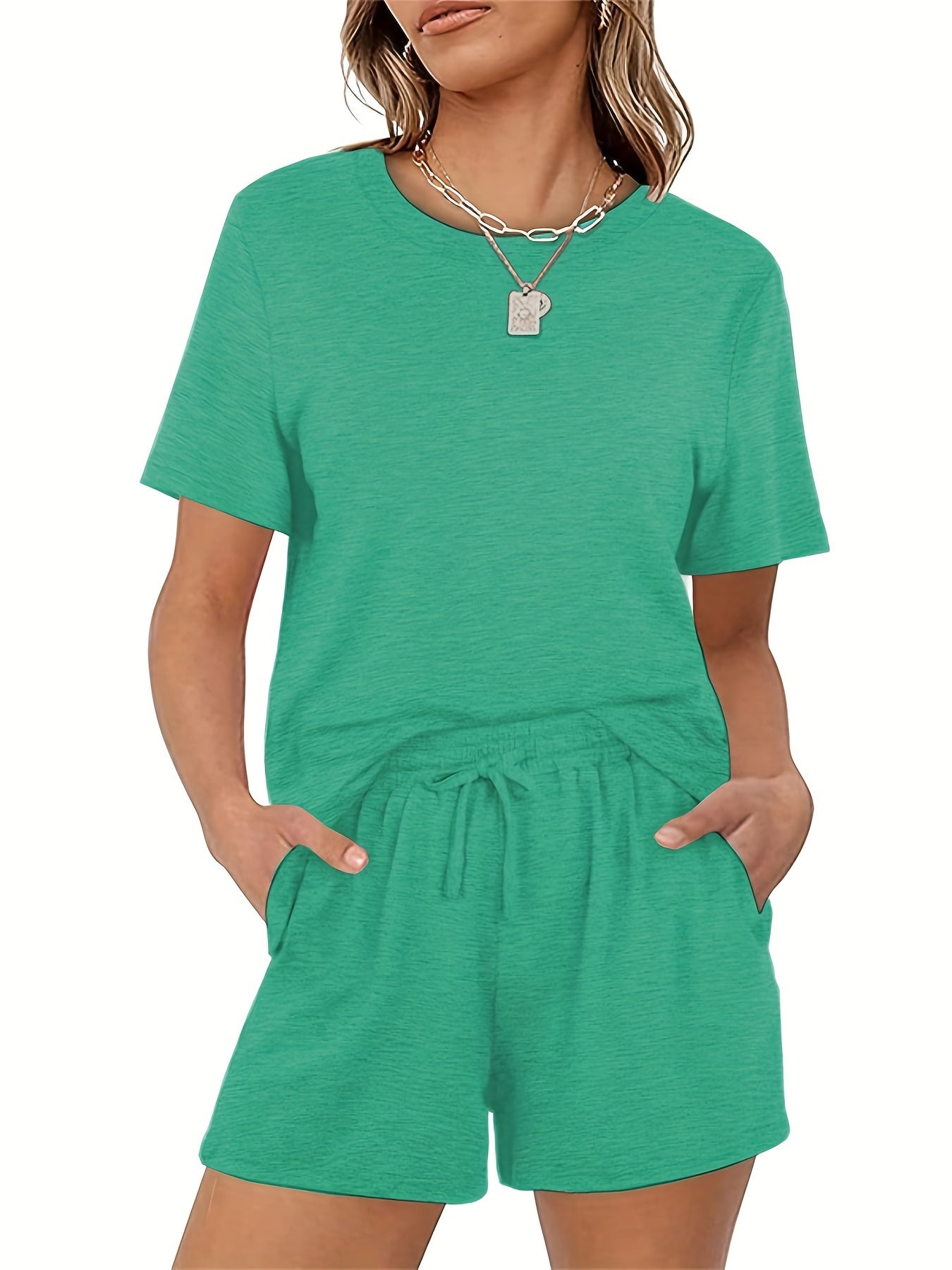 Casual Two Piece Set Short Sleeve T Shirt & Drawstring Shorts