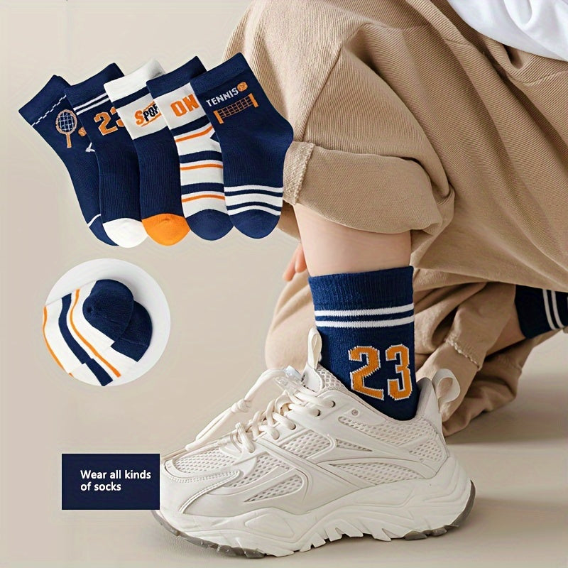 5 Pairs Boy's Letter Pattern Crew Socks Breathable Casual Style Unisex Socks
