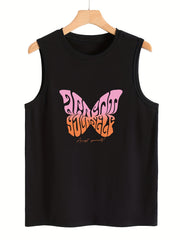Butterfly Pattern Sleeveless Sports Vest Round Neck Casual Top