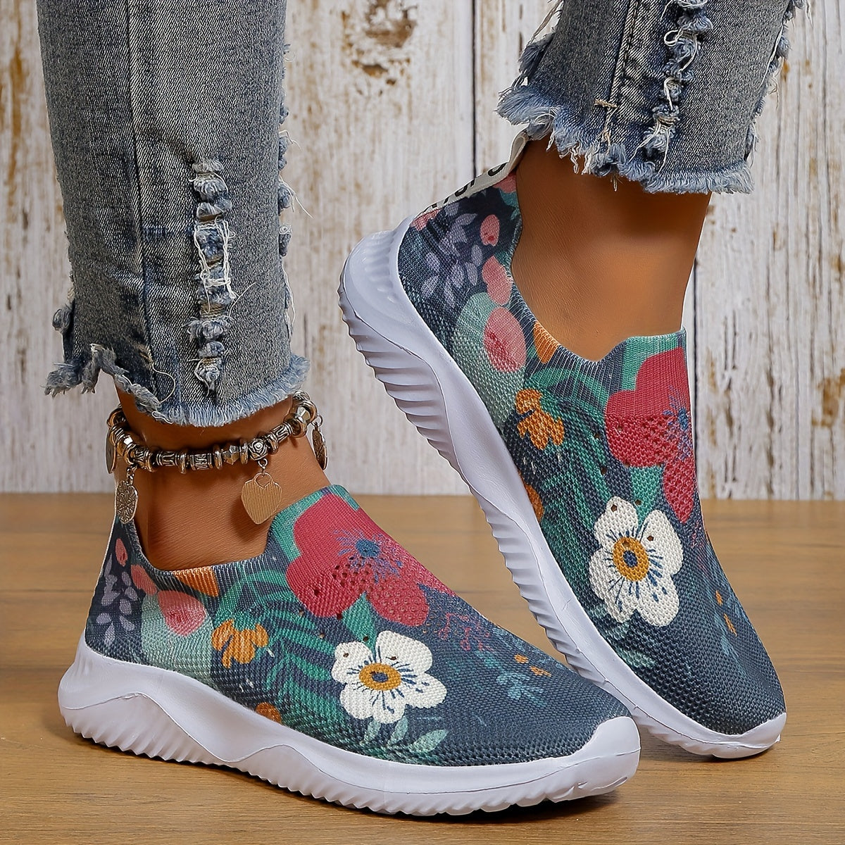 Flower Print Mesh Breathable Running Shoes Soft Lightweight Comfortable
