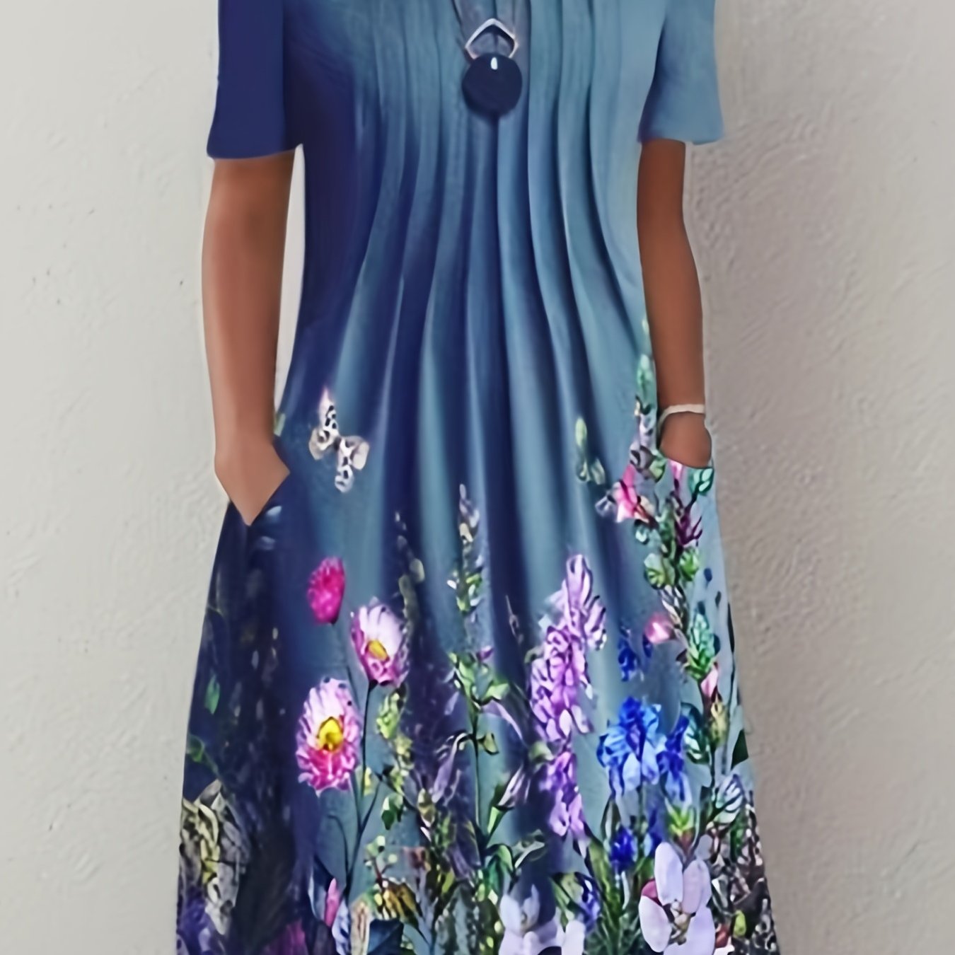 Floral Print Dress with Pockets - Plus Size