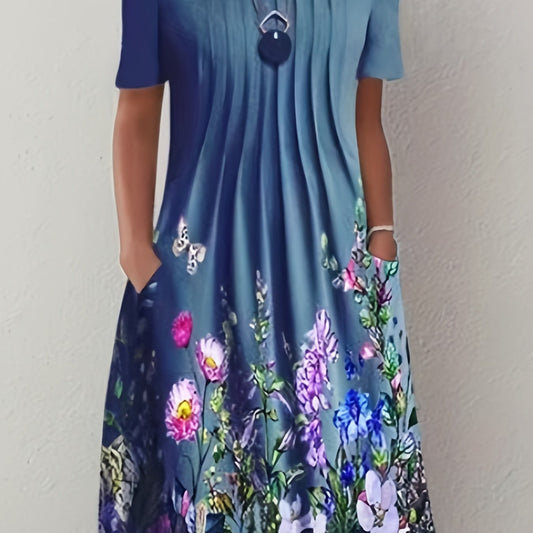 Floral Print Dress with Pockets - Plus Size