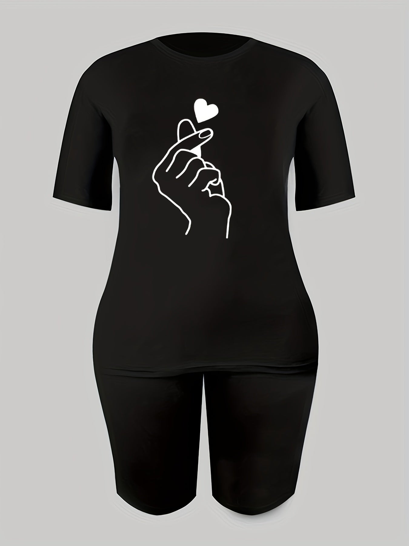 2pcs Heart Graphic T-shirts & Solid Shorts Summer Sports Set