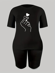 2pcs Heart Graphic T-shirts & Solid Shorts Summer Sports Set